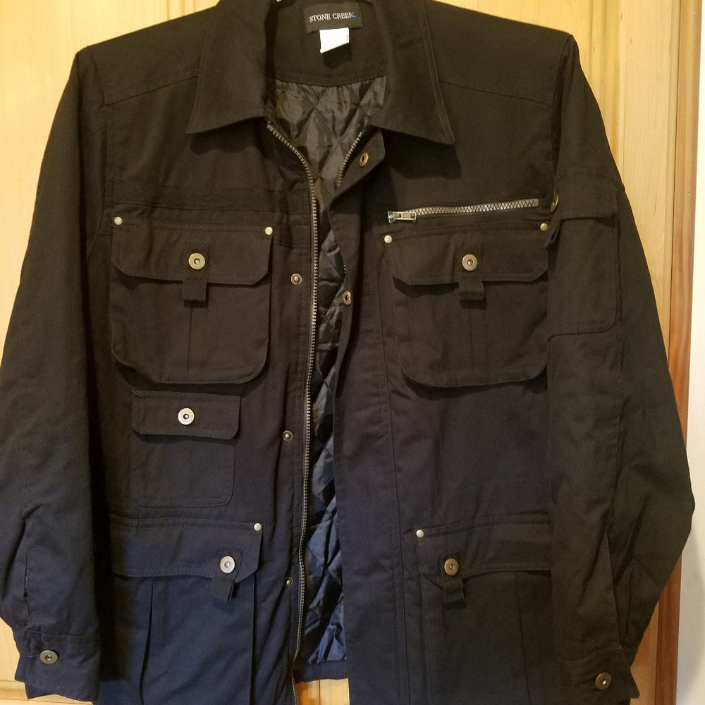 STONE CREEK BLACK FULL ZIPPERED BLACK LINEN MEN'S UTILITY JACKET